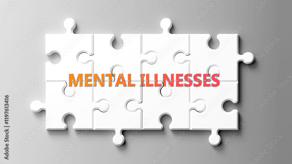 Poster mental illnesses complex like a puzzle - pictured as word mental illnesses on a puzzle pieces to sho