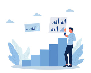 Illustration of a business team analyzing data and creating a strategic plan. Professionals collaborate using charts and graphs to achieve company goals. Concept of teamwork and growth