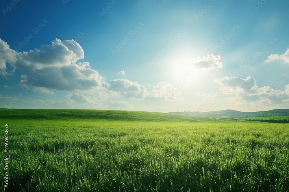 Poster vast green field under a bright sky with fluffy clouds and the sun shining in the afternoon. generat