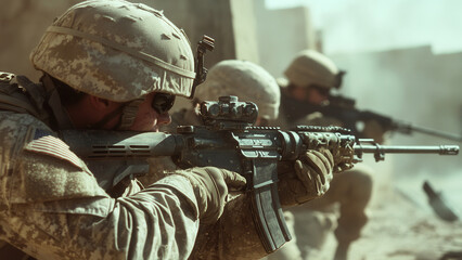 Army soldier aiming down sights of rifle gun, modern warfare conecpt background