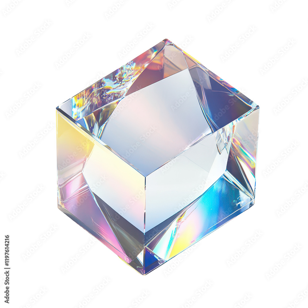 Poster Crystal glass cube showcasing stunning refraction and holographic effects on a light background, 3d crystal glass bubble with refraction and holographic effect isolated on transparent background