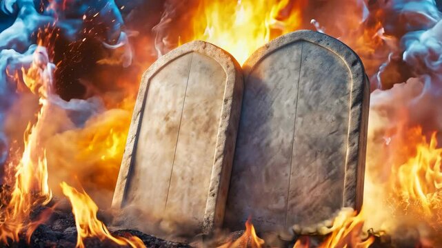 The Ten Commandments written by the finger of God on stone tablets with fire and smoke effects