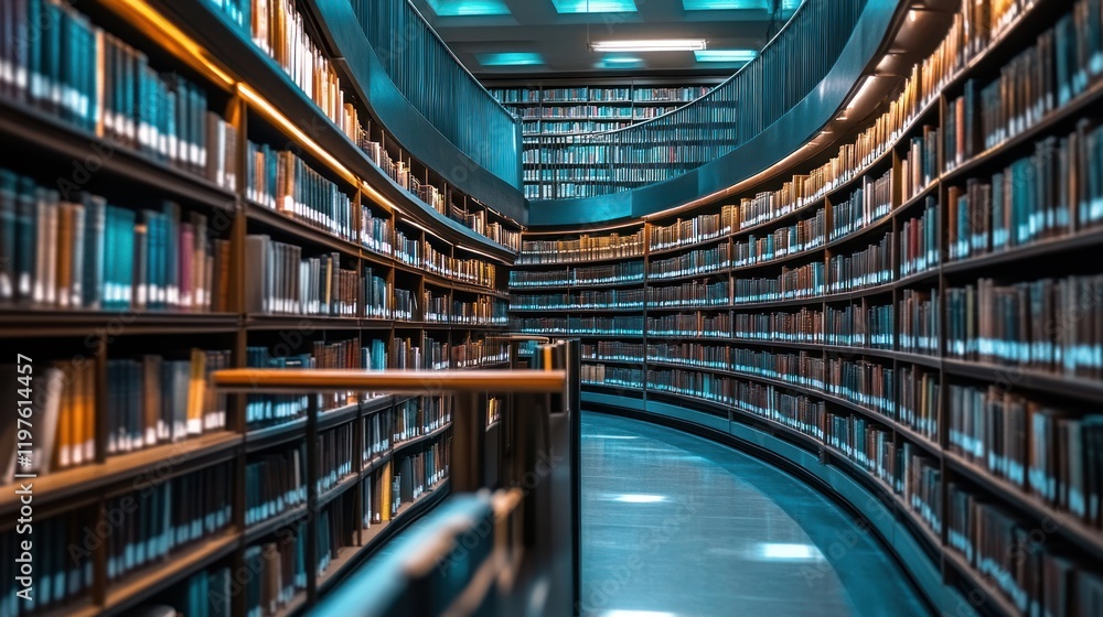 Poster a serene journey through knowledge: exploring the enchanting aisles of a curving library