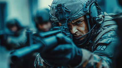 Fototapeta premium Special forces soldier aiming down sights of rifle gun, modern warfare conecpt background