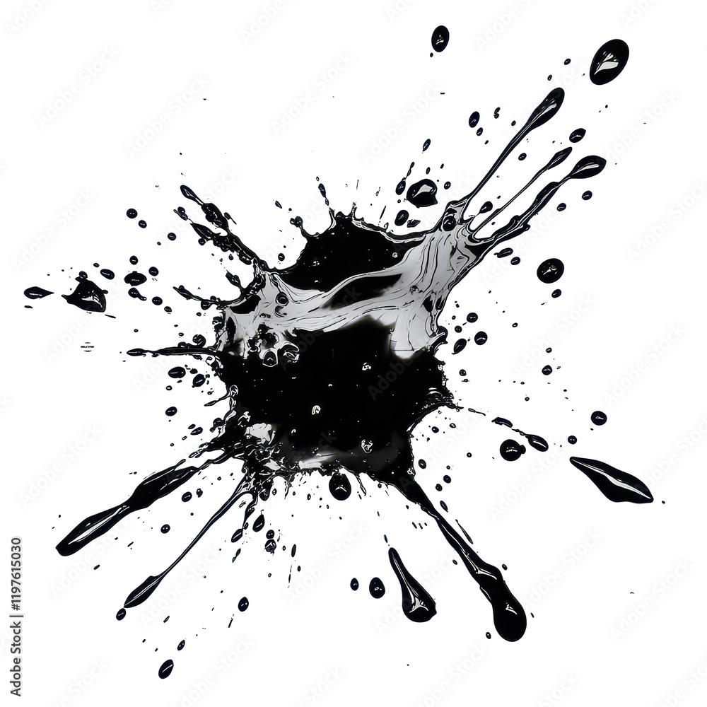 Poster black and png grunge ink splatter isolated on a clean transparent background, capturing dynamic moti