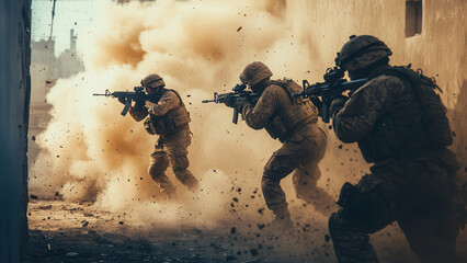 Group of army soldiers engaging in combat in modern urban city, warfare concept background