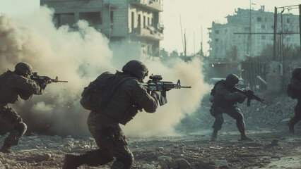 Group of army soldiers engaging in combat in modern urban city, warfare concept background