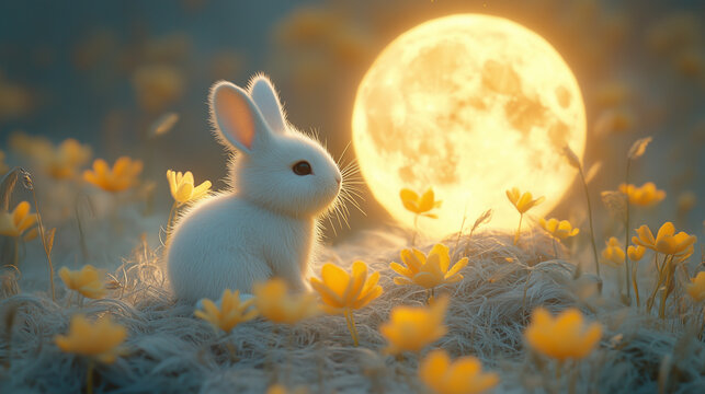 Cute adorable easter bunny, full moon on background, yellow soft light, field of yellow flowers, dreamy atmospehere