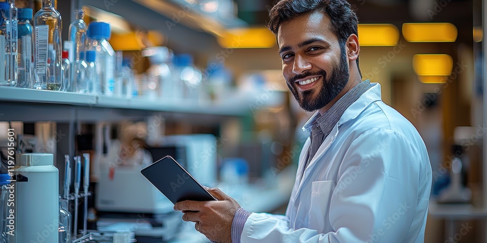 Poster smiling middle-eastern male scientist in lab coat using tablet in a modern laboratory.