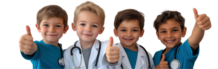  A group photo with four little boys wearing doctor's . One boy is giving a thumbs up and smiling at the camera. transparent background png  (2)