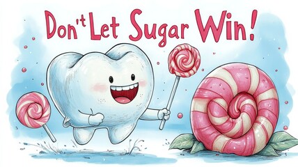 A cartoon tooth running away from a piece of candy wielding a lollipop as a weapon