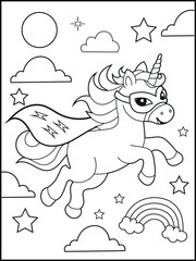 Superhero Unicorn Coloring Page for Kids. A Fun and Printable Black and White Activity Sheet for Kindergarten.
