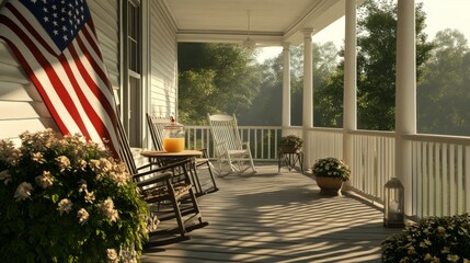 Front porch with an American flag, rocking chairs and a small table generative ai