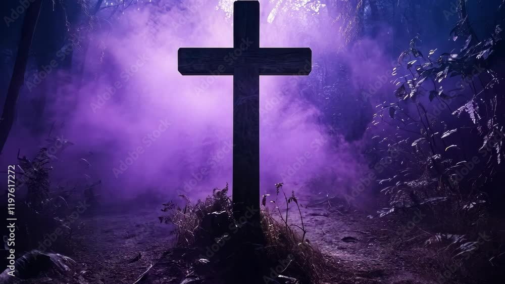 Poster cross illuminated by mist in a dark forest at twilight creates a serene and mysterious atmosphere