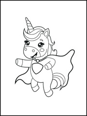 Superhero Unicorn Coloring Page for Kids. A Fun and Printable Black and White Activity Sheet for Kindergarten.
