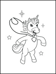 Superhero Unicorn Coloring Page for Kids. A Fun and Printable Black and White Activity Sheet for Kindergarten.
