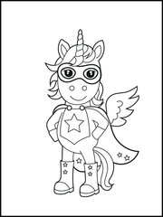 Superhero Unicorn Coloring Page for Kids. A Fun and Printable Black and White Activity Sheet for Kindergarten.
