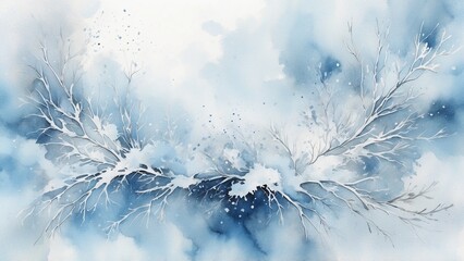 Watercolor Winter Branches with Snow in Serene Blues