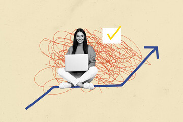 Contemporary poster trend art collage of happy freelancer girl hold laptop receive checkmark...