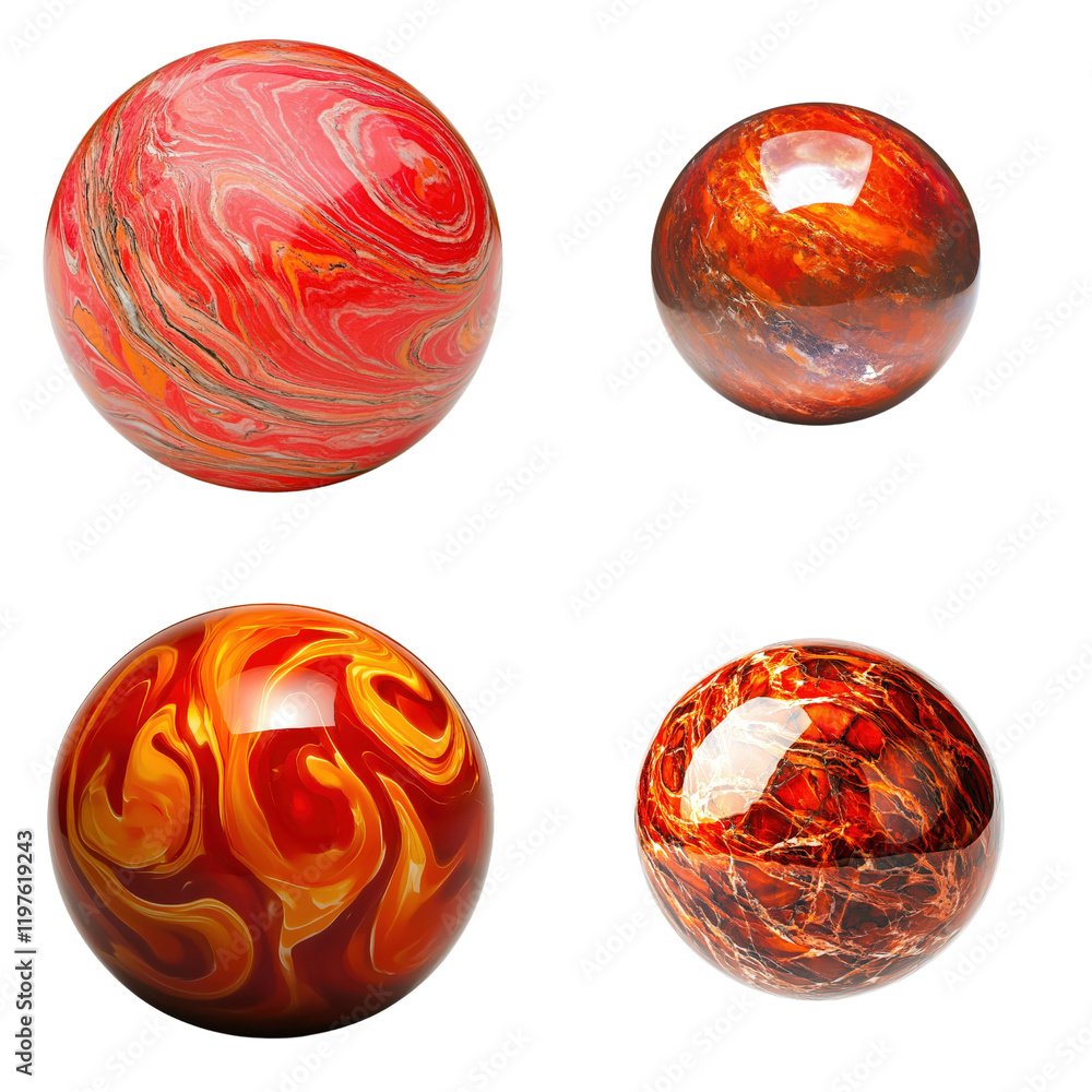 Poster four colorful marbles arranged on a flat surface showcasing different colors and patterns on white b