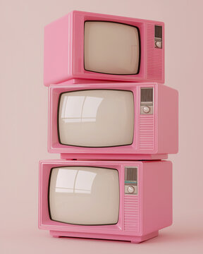 A quirky stack of three vintage-style pink televisions with rounded screens, set against a matching pastel pink background.  
