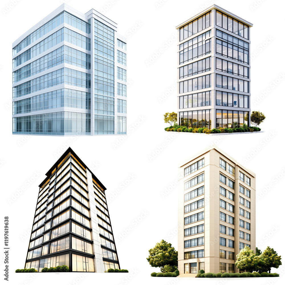 Aufkleber four distinct types of modern architecture showcasing diverse building designs and styles on white b