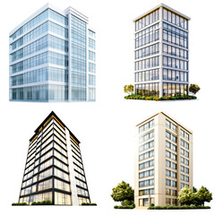 Obraz premium Four distinct types of modern architecture showcasing diverse building designs and styles on white background , cut out.