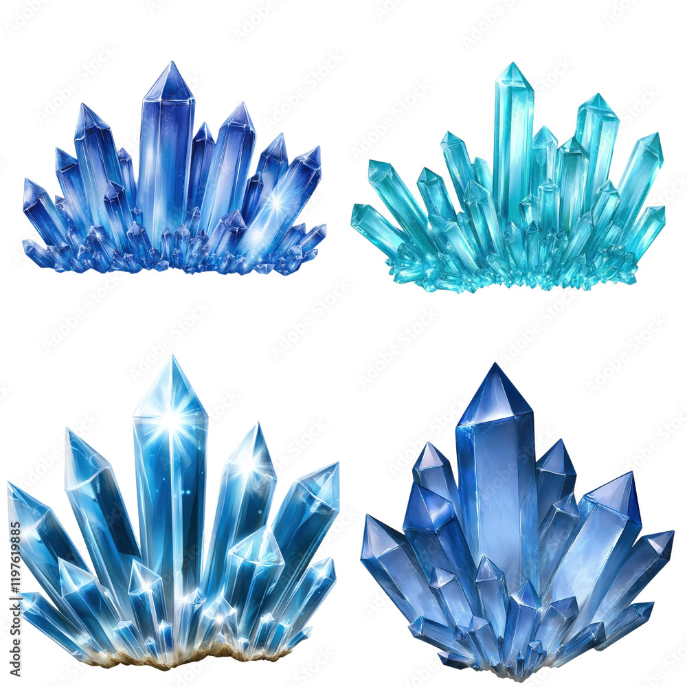 Poster set of sparkling crystals arranged on a black background showcasing various shapes and sizes on whit