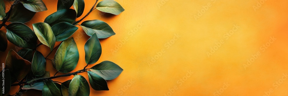 Leinwandbilder vibrant yellow background with leafy plant elements ideal for text placement and creative projects. 