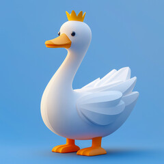 Adorable cartoon-style swan wearing a small golden crown, set against a clean blue background, symbolizing elegance and charm.
