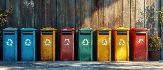 Colorful Recycling Bins Aligned Against Rustic Wooden Wall