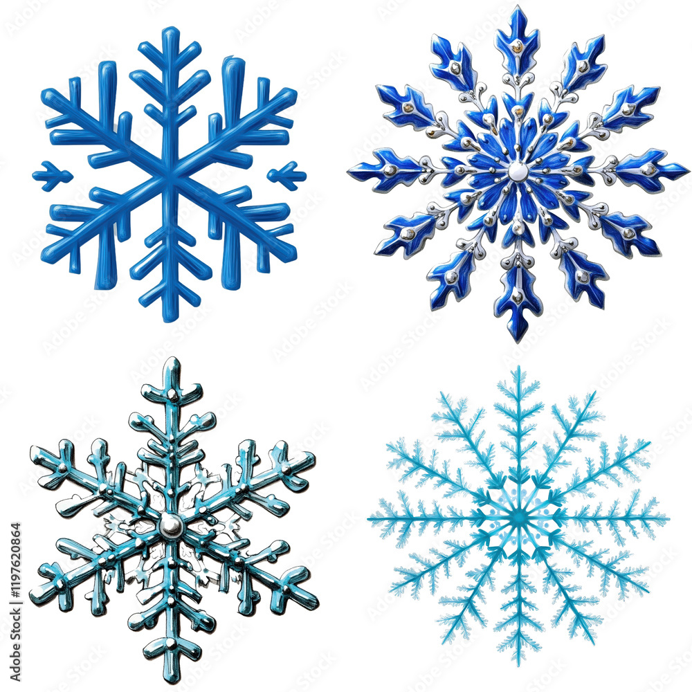 Poster four distinct snowflakes in vibrant colors on a plain background showcasing unique patterns and stru