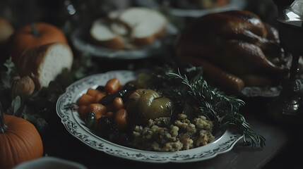 Fototapeta premium A dimly lit Thanksgiving feast. A plate of roasted vegetables, stuffing, and herbs sits in the foreground. A roasted turkey and bread are blurred in the background, adding to the moody atmosphere.