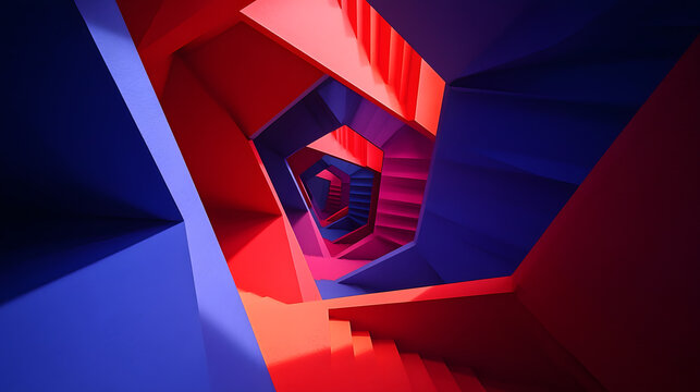 A glowing maze of interlocked 3D polygons and neon outlines, dynamically arranged to create depth and visual interest 