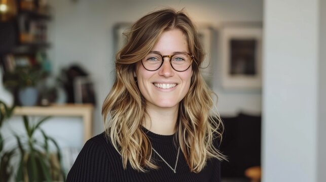 Cheerful female customer service agent engaged in work on her laptop in a professional setting