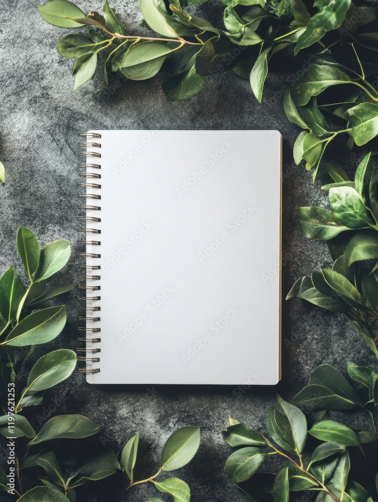 Poster Blank spiral notebook surrounded by green foliage on a textured surface for creative expression and inspiration. Generative AI