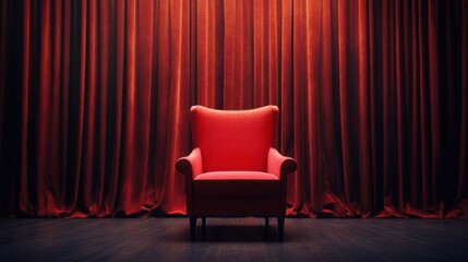 Classic red armchair in front of dramatic silky curtains