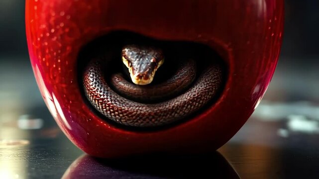 A red apple with a snake coiled inside, symbolizing temptation and danger.