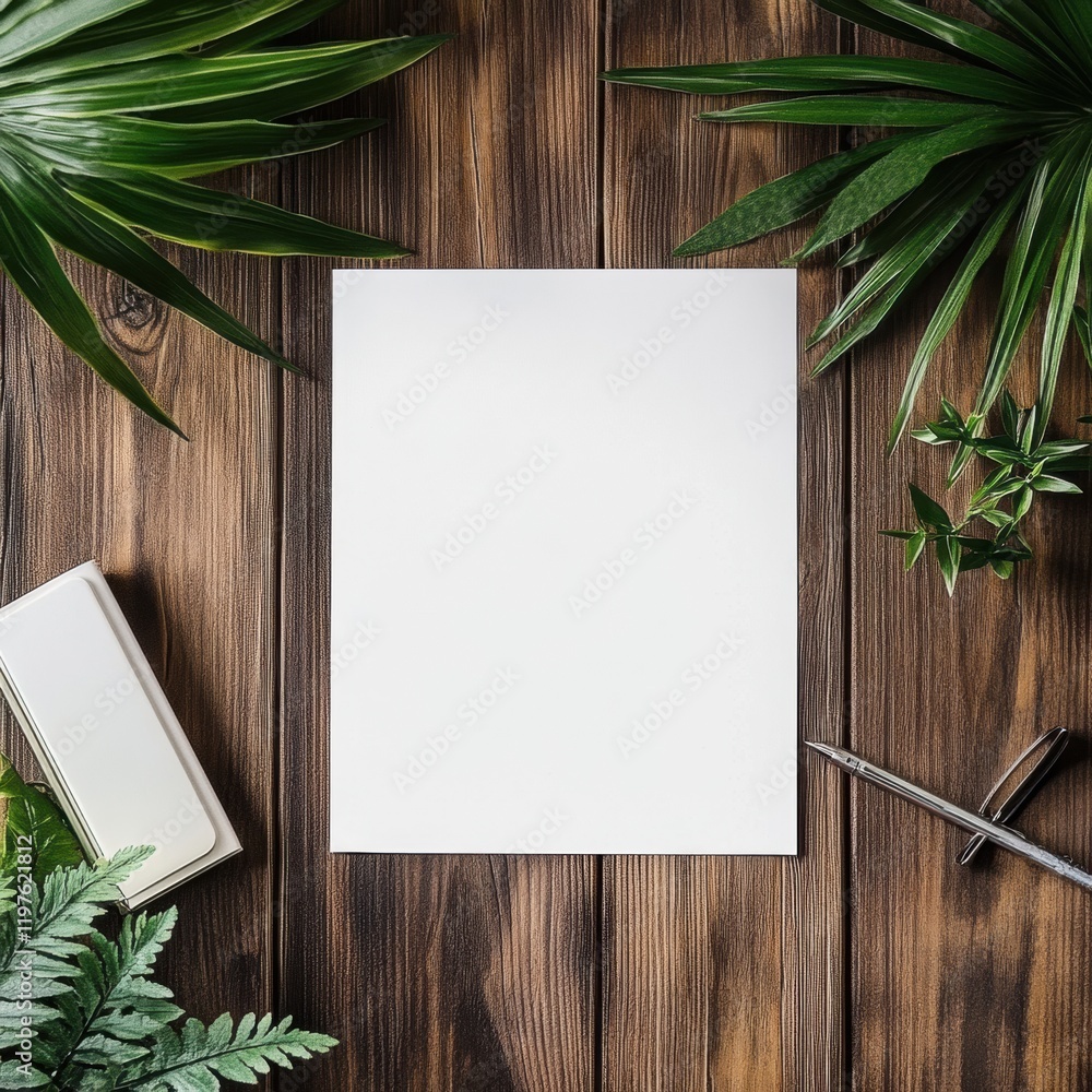 Poster clean space with empty paper surrounded by greenery for creative ideas and notes in a natural settin