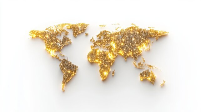 Elegant golden world map with sparkling lights on a white background.