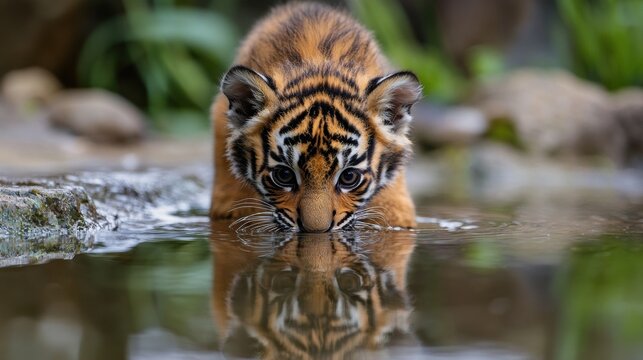 Young tiger cub drinking from still water in lush environment