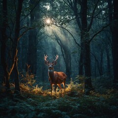 A mystical glowing deer in a dense enchanted forest.