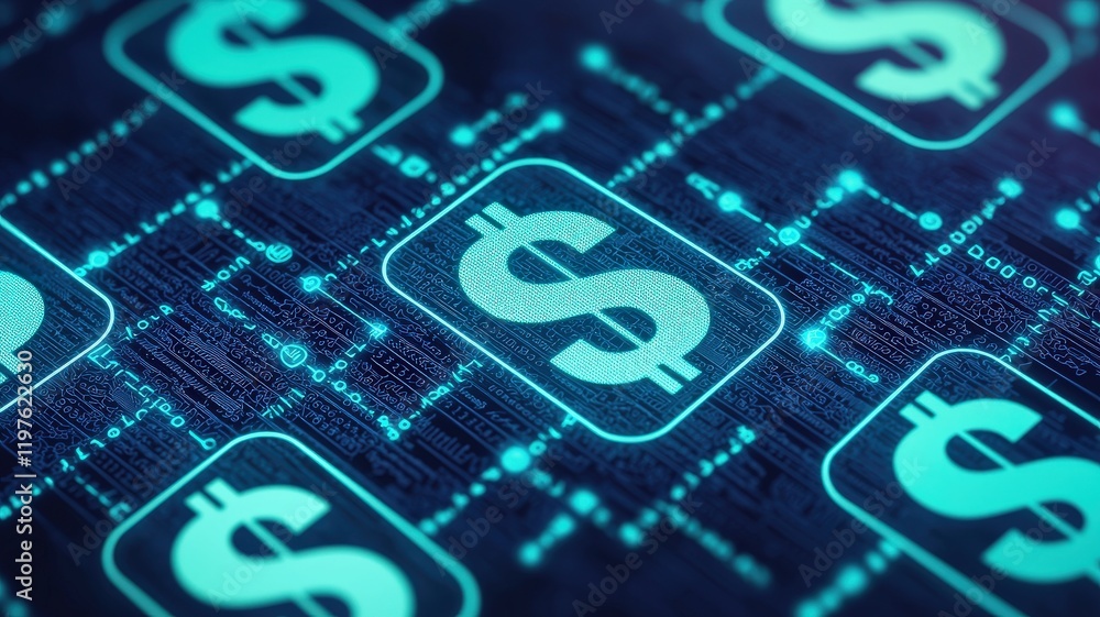 Poster security researchers risk assessment monitoring concept. digital dollar signs on a tech-themed backg