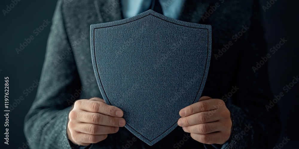 Aufkleber security researchers risk assessment monitoring concept. a man in a suit holds a shield printed with