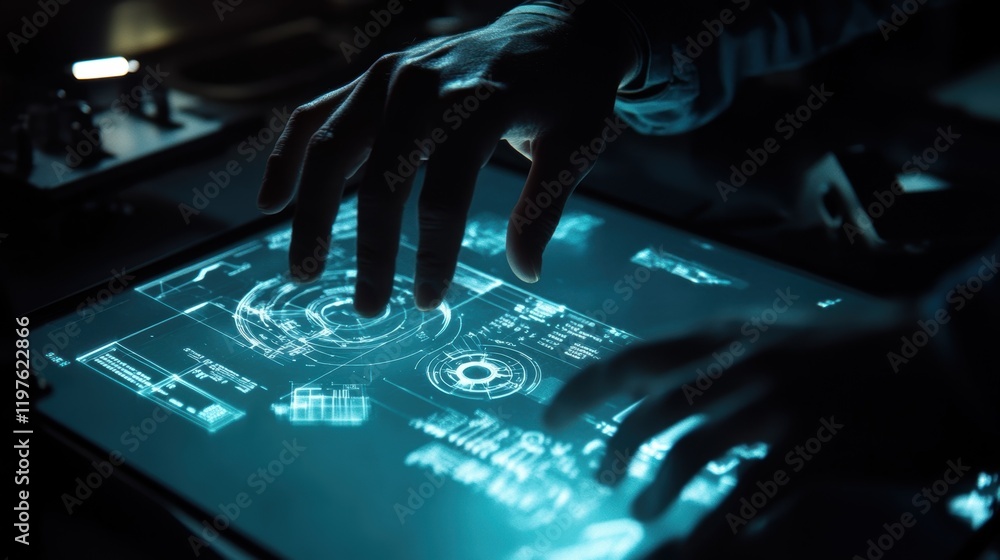 Aufkleber a closeup of a workers hands manipulating a virtual panel showing detailed schematics of factory mac