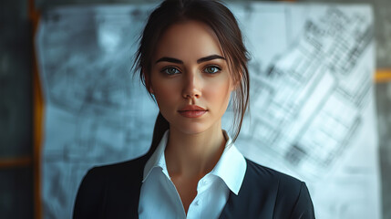 Architect A hyper realistic portrait of a creative female architect in front of architectural blueprints,