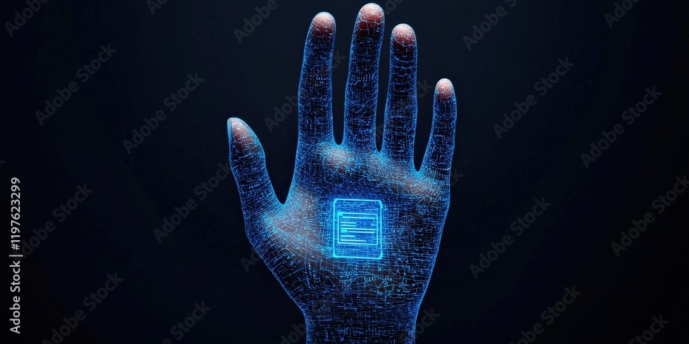 Poster security researchers risk assessment monitoring concept. a glowing digital hand with circuitry patte