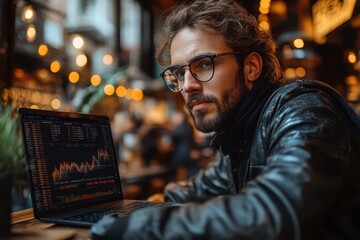 Obraz premium Modern Trader Analyzing Data on Laptop in Café