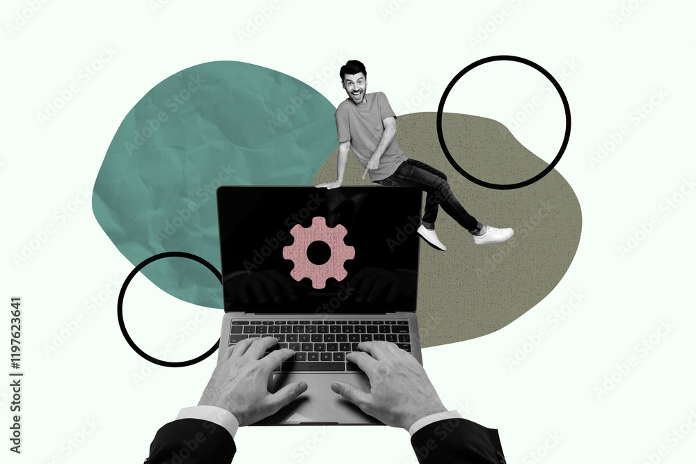 Poster creative sketch collage of hands type laptop keypad gearwheel optimization settings coding happy bus
