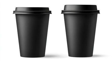 Two black disposable coffee cups with lids, isolated on white background.